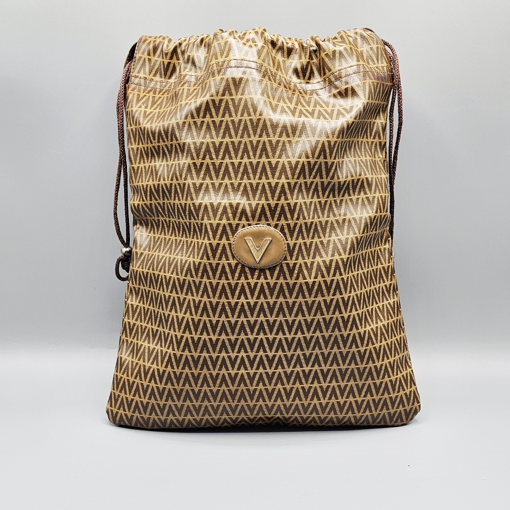 Mario Valentino LOGO Coated Canvas Drawstring Brown Vintage Shoulder Backpack